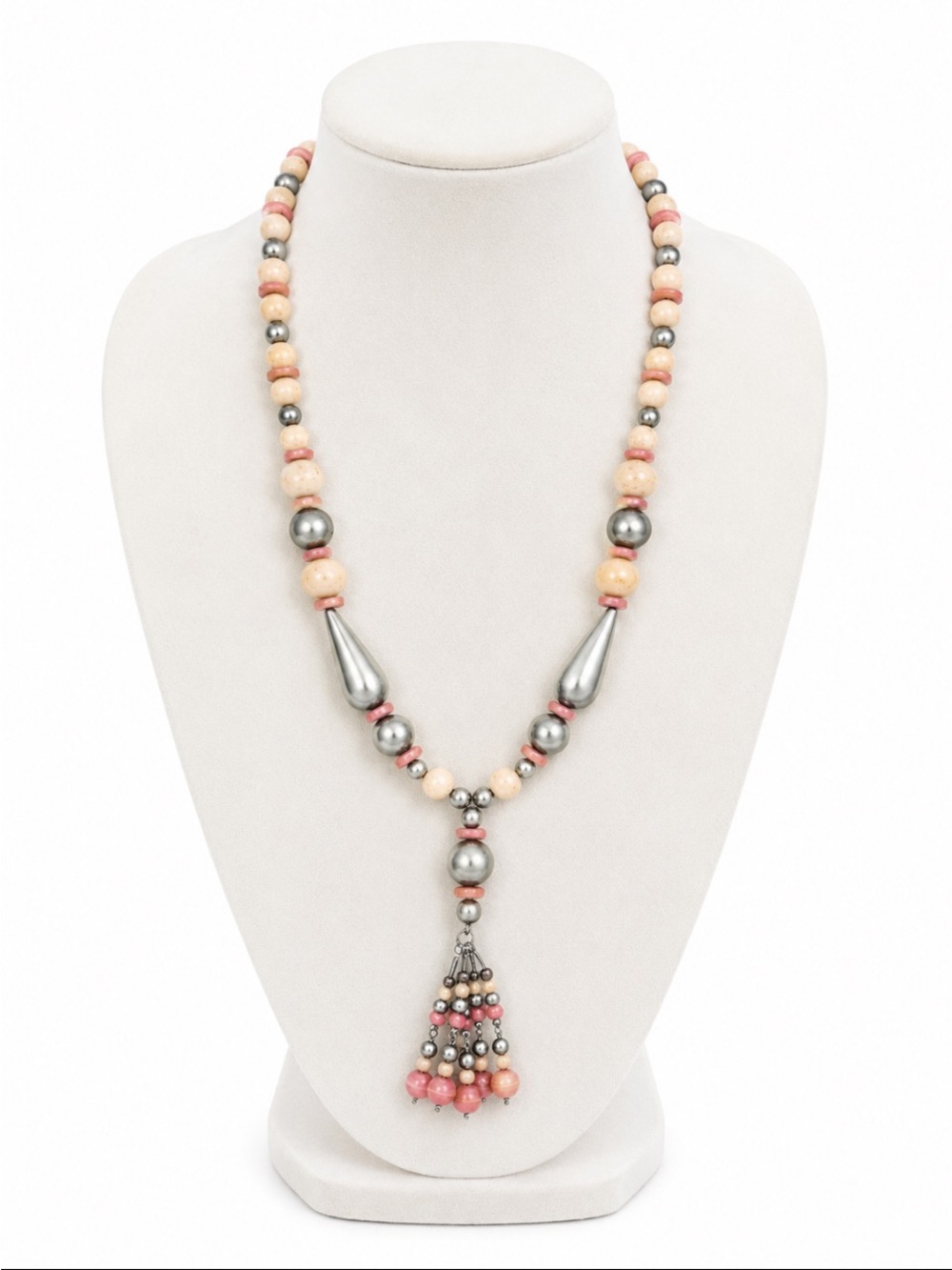 Pink Cream & Gunmetal Beaded Tassel Statement Necklace